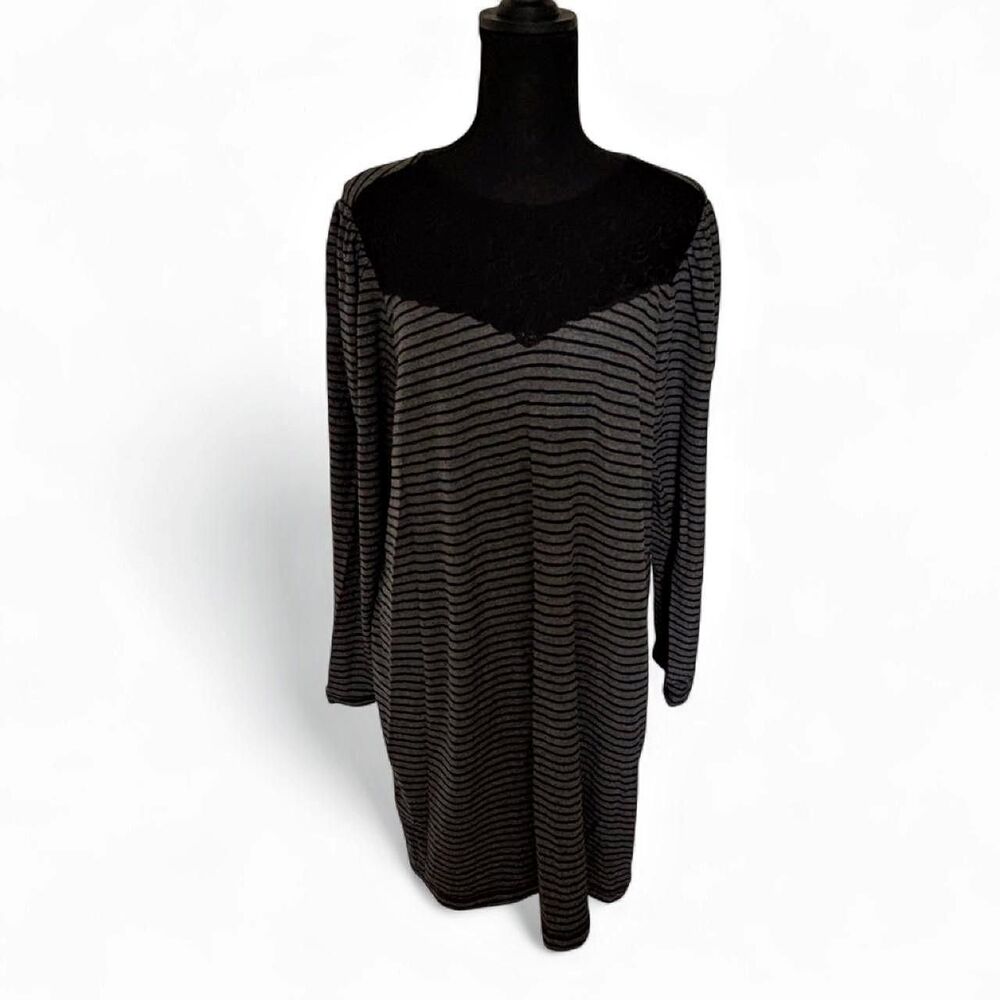 LOFT Grey & Black Striped Dress with Lace Detail - Size Large